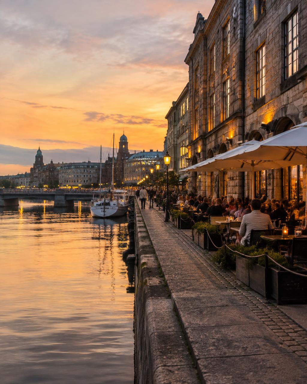 Uteservering längs kanalen i Göteborg