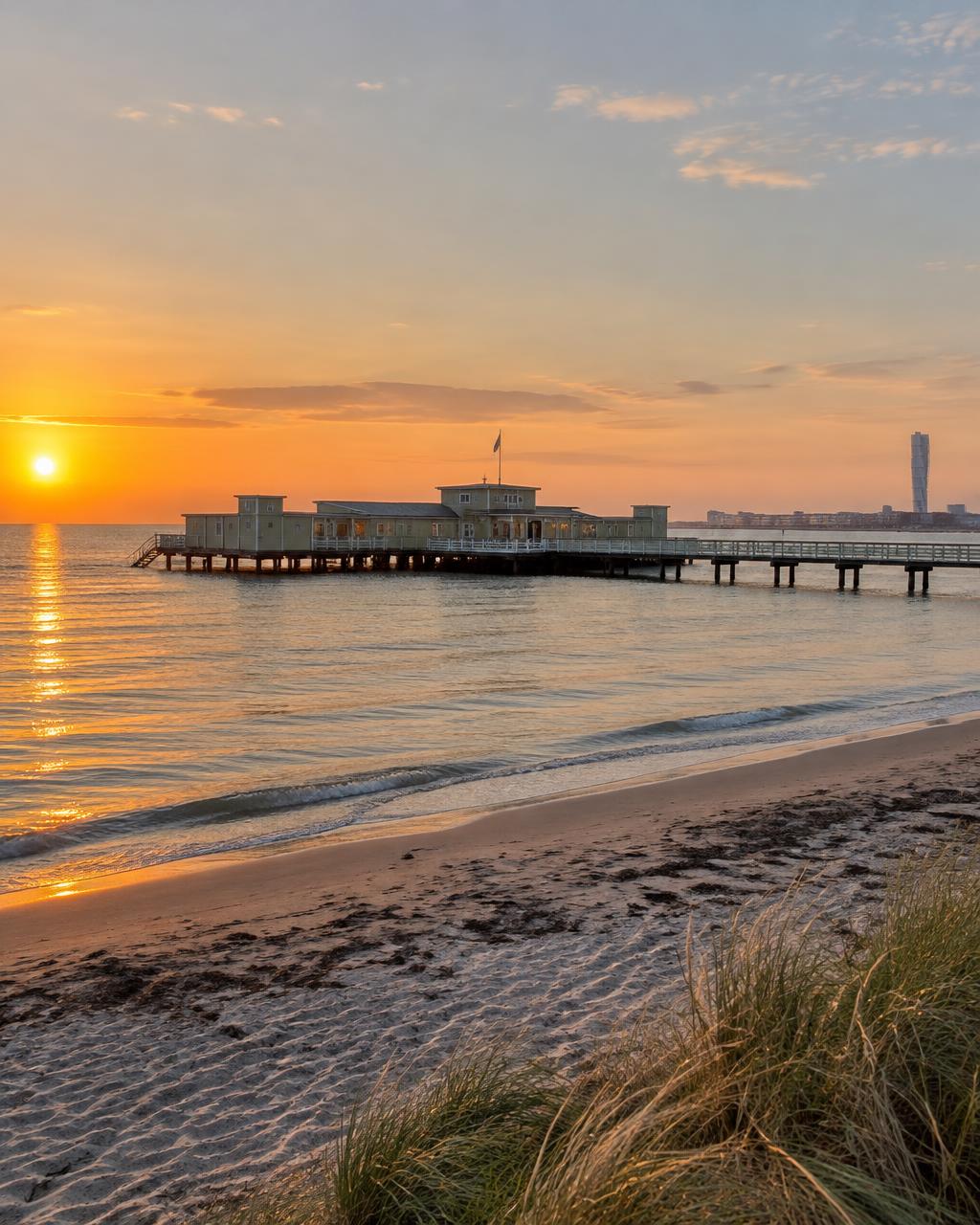 Ribersborgs kallbadhus i solnedgång med Turning Torso i fjärran